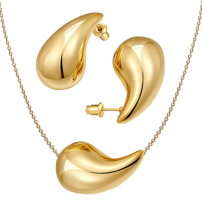 2023 New 18K Thick Gold Hoop Earrings And Teardrop Hollow Necklace Set Women's Earrings Fashion Jewellery Set
