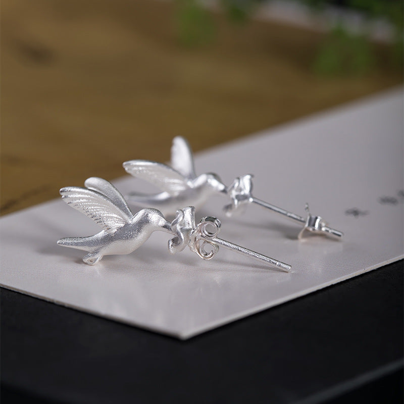 Creative Design Hummingbird Flower Stud Earrings Female S925 Sterling Silver
