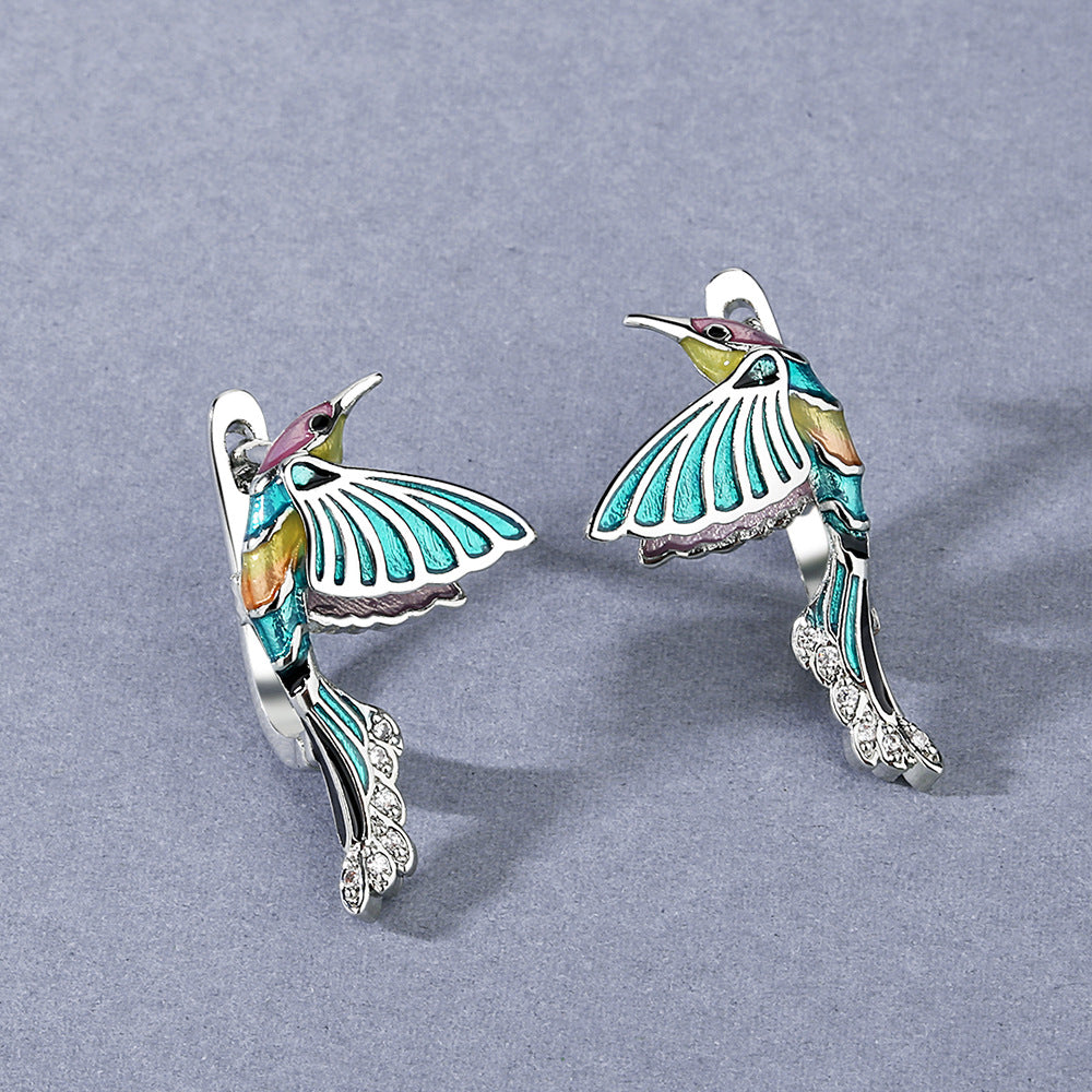 Hummingbird Ring Epoxy Colored Animal Elements Bird Country Style Female Stud Earrings