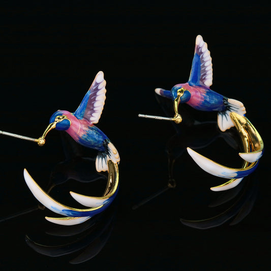 Women's Enamel And Colorful Hummingbird C-shaped Earrings