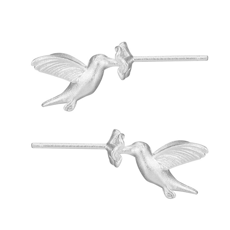 Creative Design Hummingbird Flower Stud Earrings Female S925 Sterling Silver