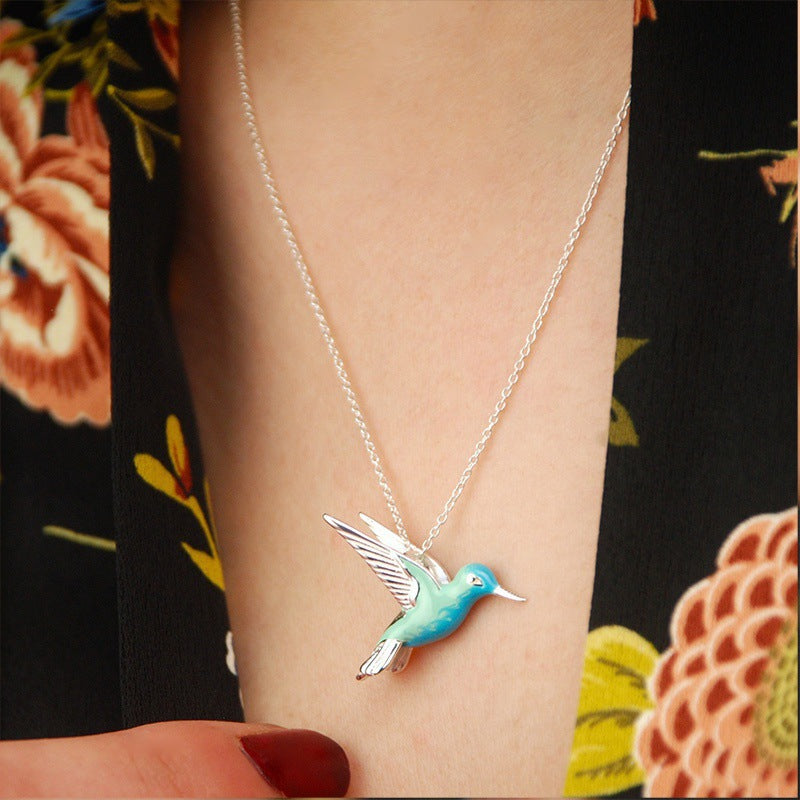 Blue Drop Oil Hummingbird Pendant Necklace For Women