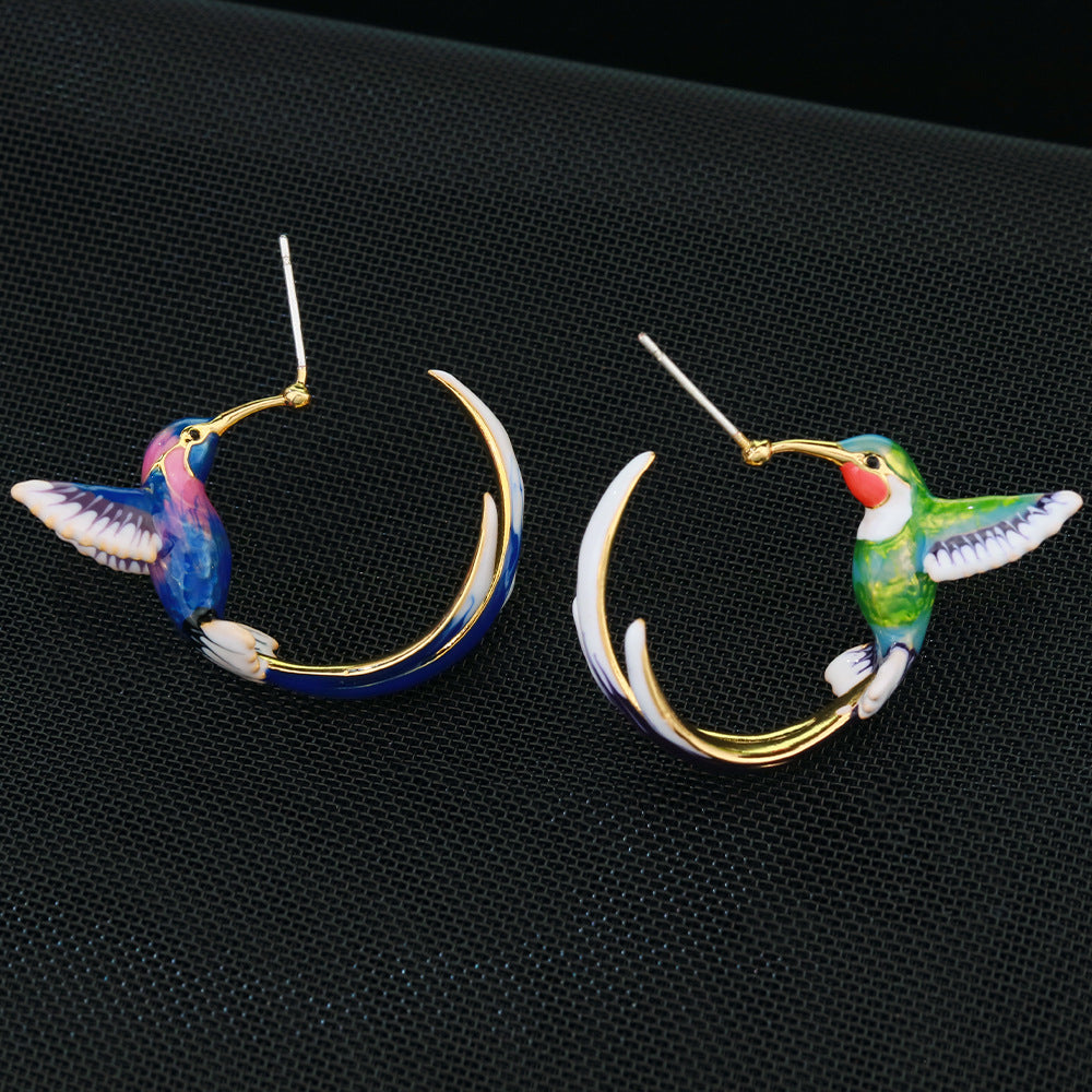 Women's Enamel And Colorful Hummingbird C-shaped Earrings